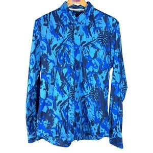 Nike SB Mens Blue Abstract Palm Bird Print Long Sleeve Button Down Shirt Medium